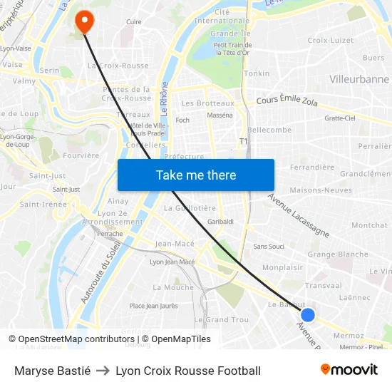 Maryse Bastié to Lyon Croix Rousse Football map