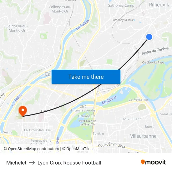 Michelet to Lyon Croix Rousse Football map