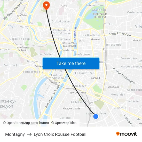 Montagny to Lyon Croix Rousse Football map