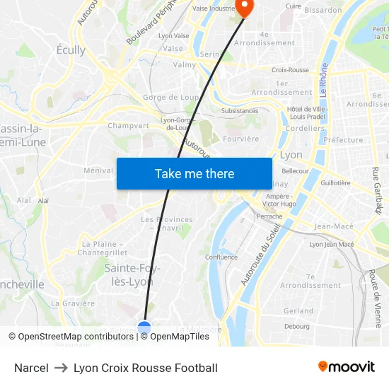 Narcel to Lyon Croix Rousse Football map