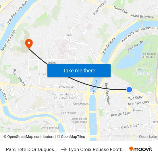 Parc Tête D'Or Duquesne to Lyon Croix Rousse Football map