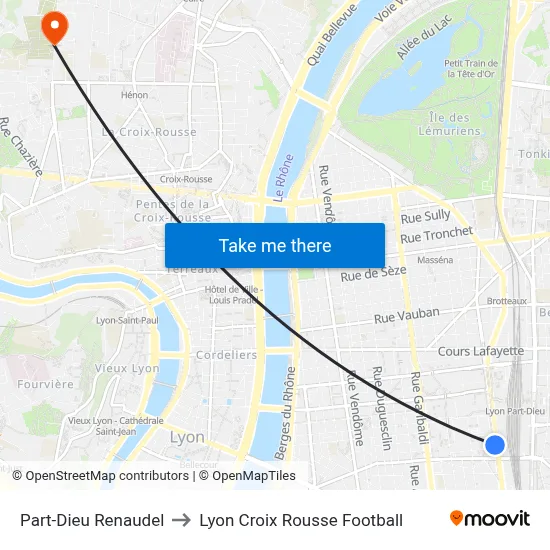 Part-Dieu Renaudel to Lyon Croix Rousse Football map