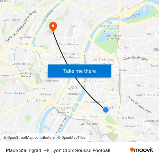Place Stalingrad to Lyon Croix Rousse Football map
