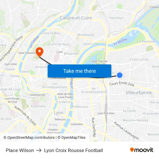 Place Wilson to Lyon Croix Rousse Football map