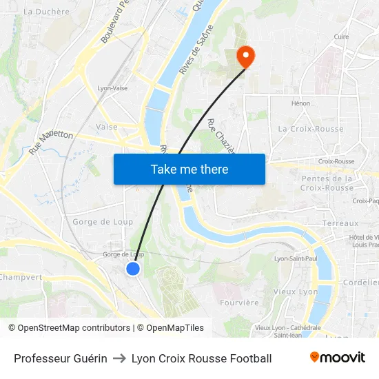Professeur Guérin to Lyon Croix Rousse Football map