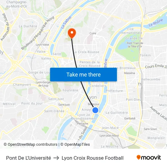 Pont De L'Université to Lyon Croix Rousse Football map