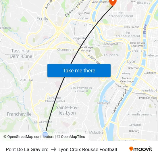 Pont De La Gravière to Lyon Croix Rousse Football map