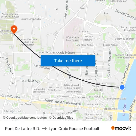 Pont De Lattre R.D. to Lyon Croix Rousse Football map