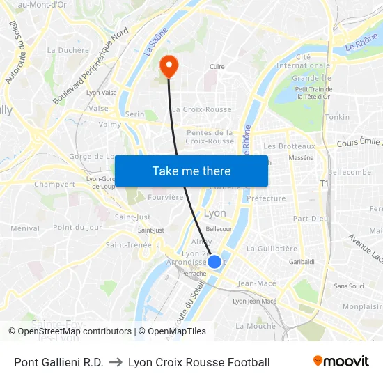 Pont Gallieni R.D. to Lyon Croix Rousse Football map