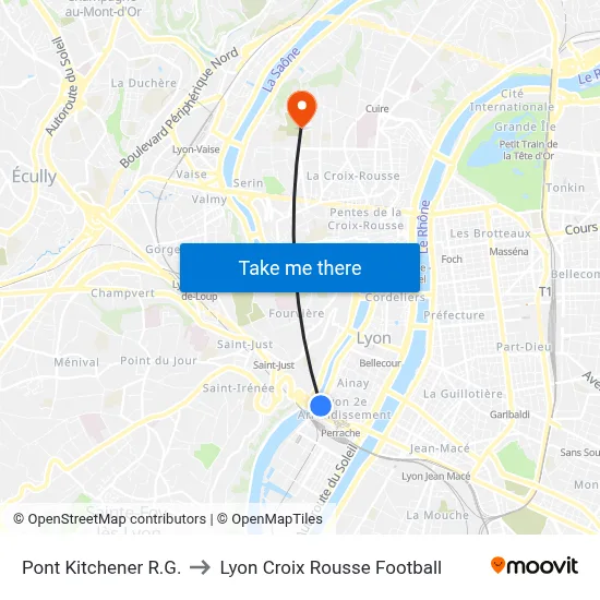 Pont Kitchener R.G. to Lyon Croix Rousse Football map