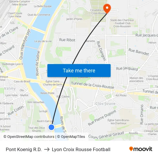 Pont Koenig R.D. to Lyon Croix Rousse Football map