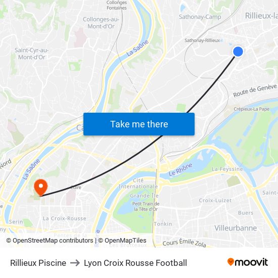 Rillieux Piscine to Lyon Croix Rousse Football map