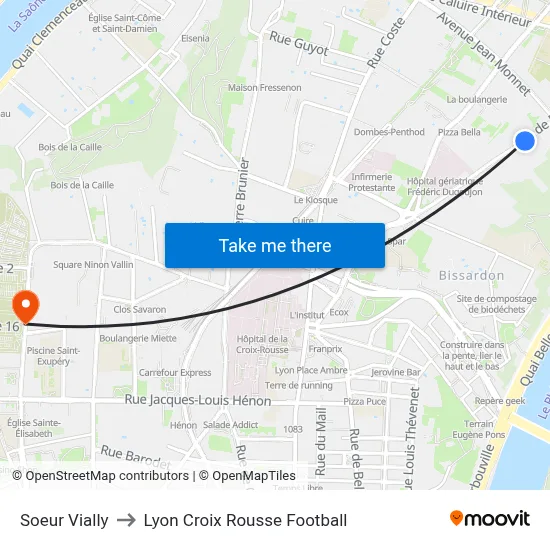 Soeur Vially to Lyon Croix Rousse Football map
