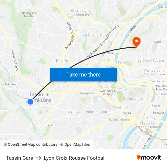 Tassin Gare to Lyon Croix Rousse Football map