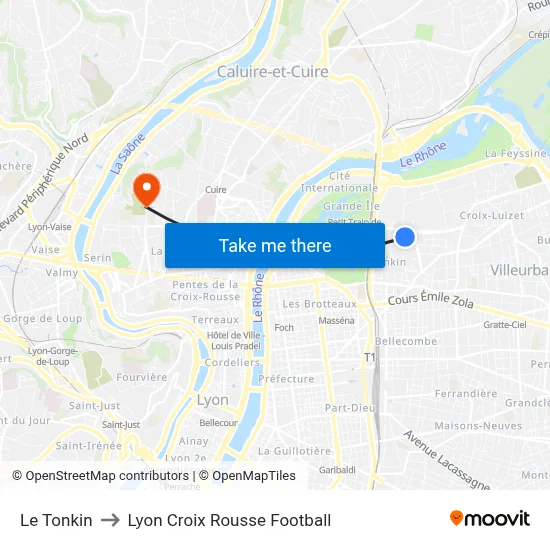 Le Tonkin to Lyon Croix Rousse Football map