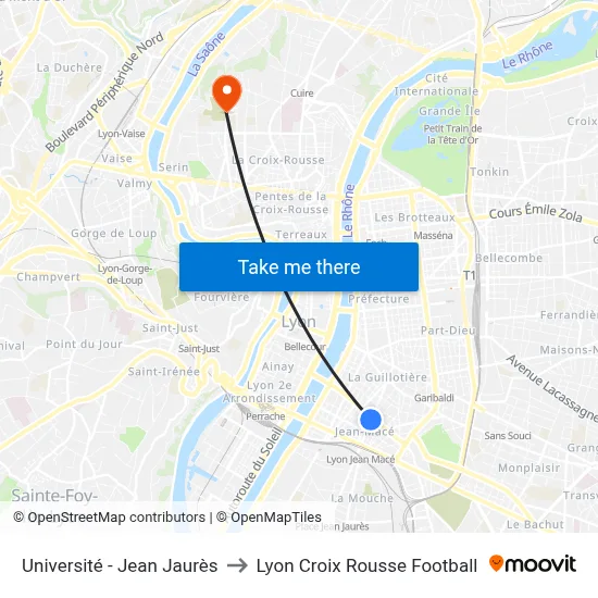 Université - Jean Jaurès to Lyon Croix Rousse Football map