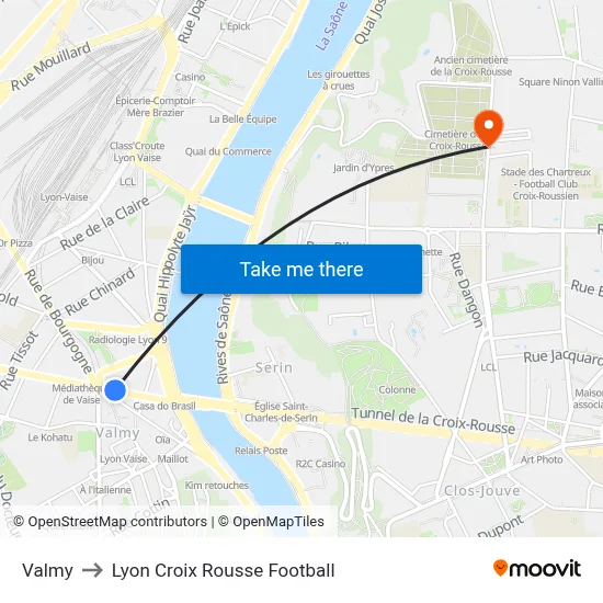Valmy to Lyon Croix Rousse Football map