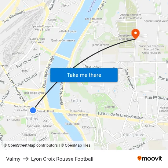Valmy to Lyon Croix Rousse Football map
