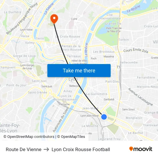 Route De Vienne to Lyon Croix Rousse Football map