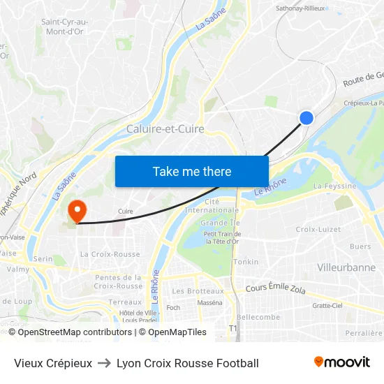 Vieux Crépieux to Lyon Croix Rousse Football map