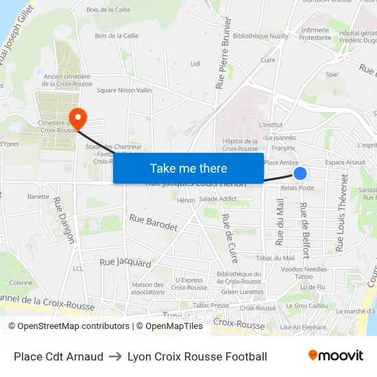 Place Cdt Arnaud to Lyon Croix Rousse Football map