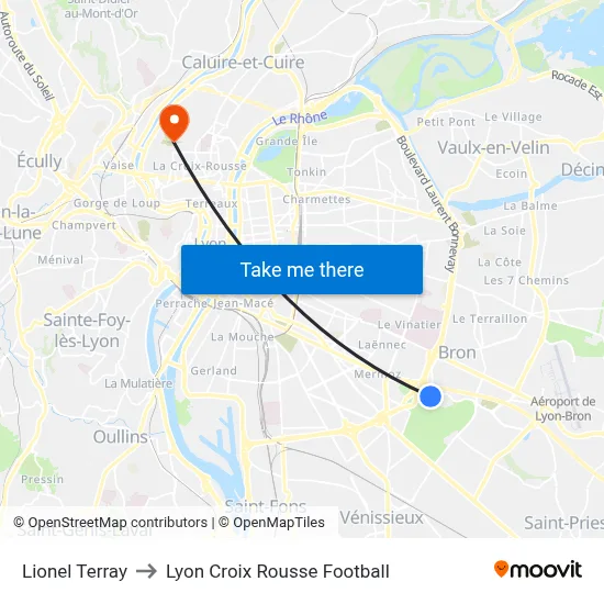 Lionel Terray to Lyon Croix Rousse Football map