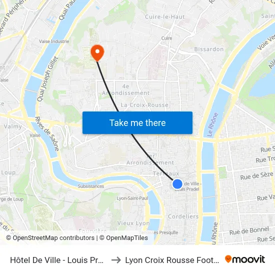 Hôtel De Ville - Louis Pradel to Lyon Croix Rousse Football map