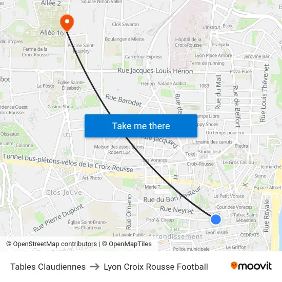 Tables Claudiennes to Lyon Croix Rousse Football map