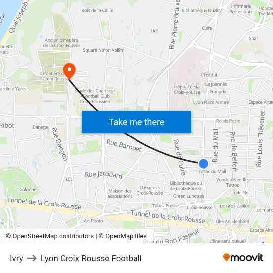 Ivry to Lyon Croix Rousse Football map