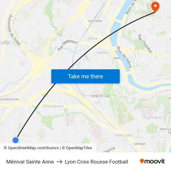 Ménival Sainte Anne to Lyon Croix Rousse Football map