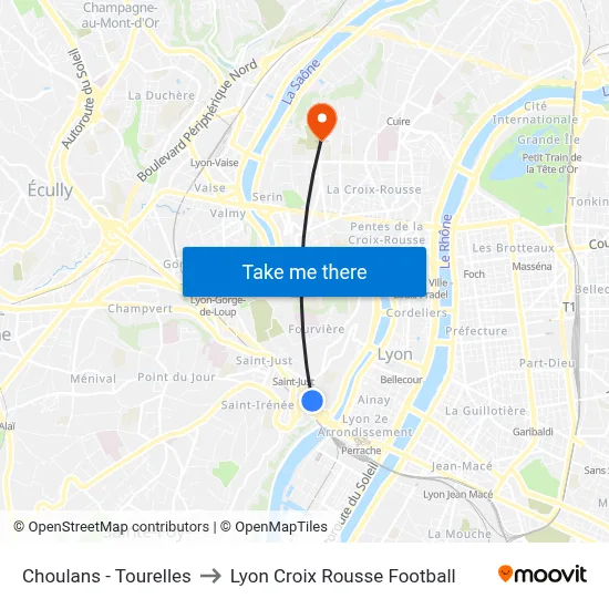 Choulans - Tourelles to Lyon Croix Rousse Football map