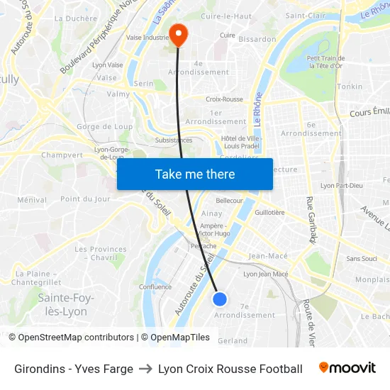 Girondins - Yves Farge to Lyon Croix Rousse Football map