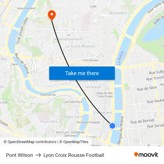 Pont Wilson to Lyon Croix Rousse Football map