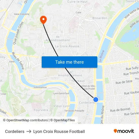 Cordeliers to Lyon Croix Rousse Football map