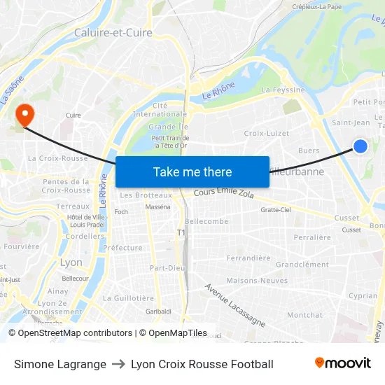 Simone Lagrange to Lyon Croix Rousse Football map