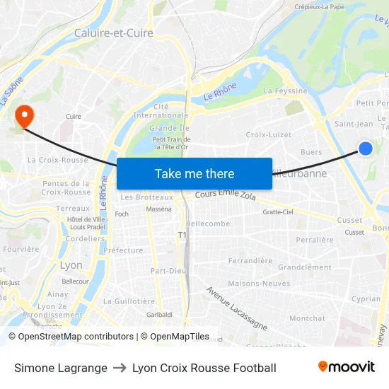 Simone Lagrange to Lyon Croix Rousse Football map