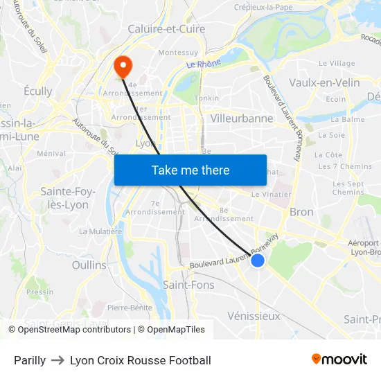 Parilly to Lyon Croix Rousse Football map