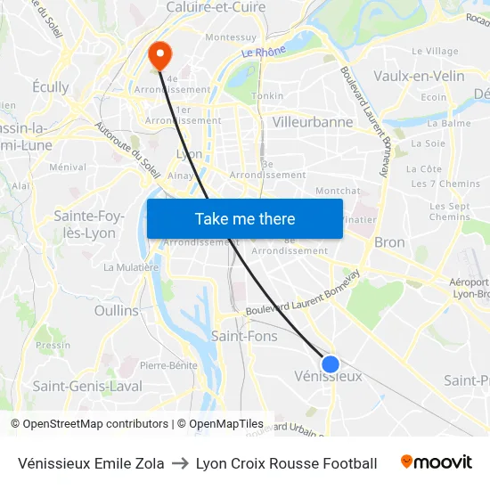 Vénissieux Emile Zola to Lyon Croix Rousse Football map