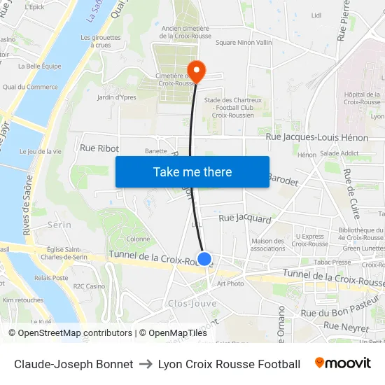Claude-Joseph Bonnet to Lyon Croix Rousse Football map