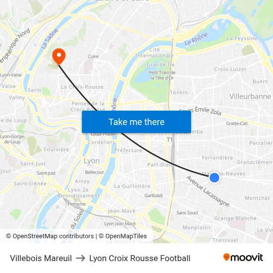 Villebois Mareuil to Lyon Croix Rousse Football map
