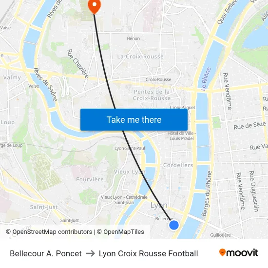 Bellecour A. Poncet to Lyon Croix Rousse Football map