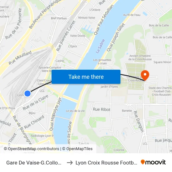 Gare De Vaise-G.Collomb to Lyon Croix Rousse Football map
