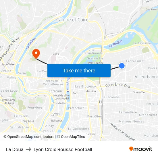 La Doua to Lyon Croix Rousse Football map