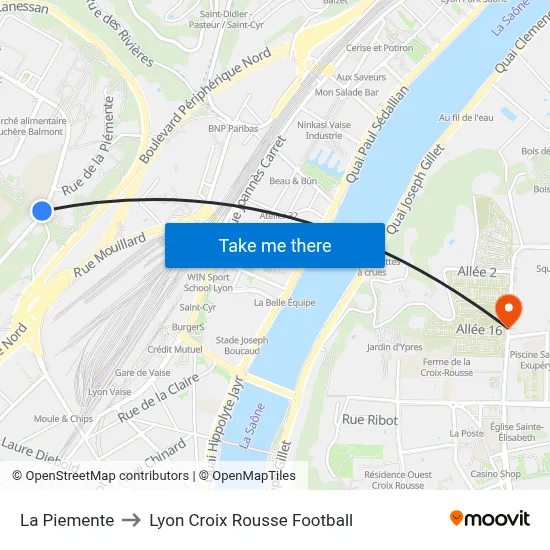 La Piemente to Lyon Croix Rousse Football map
