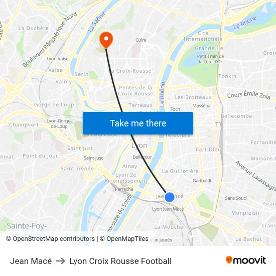 Jean Macé to Lyon Croix Rousse Football map