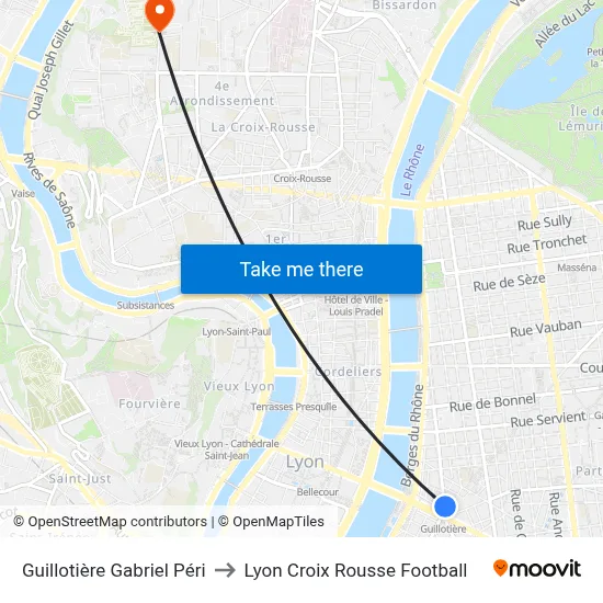 Guillotière Gabriel Péri to Lyon Croix Rousse Football map