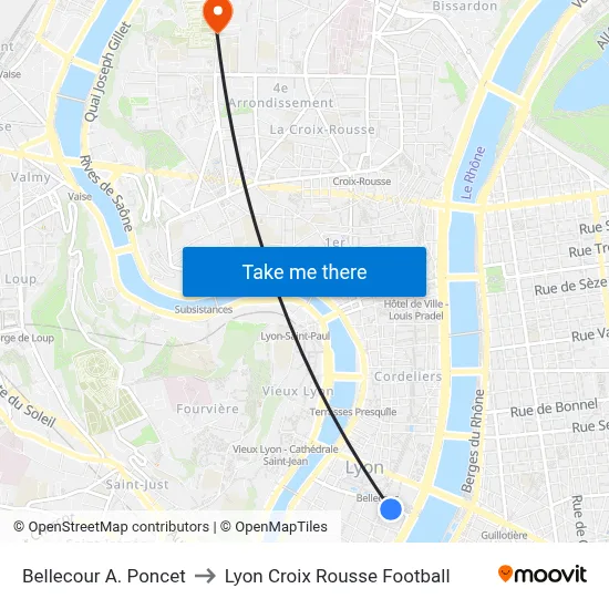 Bellecour A. Poncet to Lyon Croix Rousse Football map