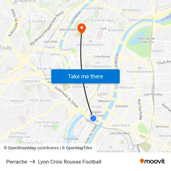 Perrache to Lyon Croix Rousse Football map