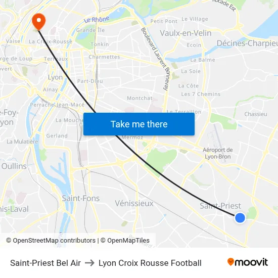 Saint-Priest Bel Air to Lyon Croix Rousse Football map