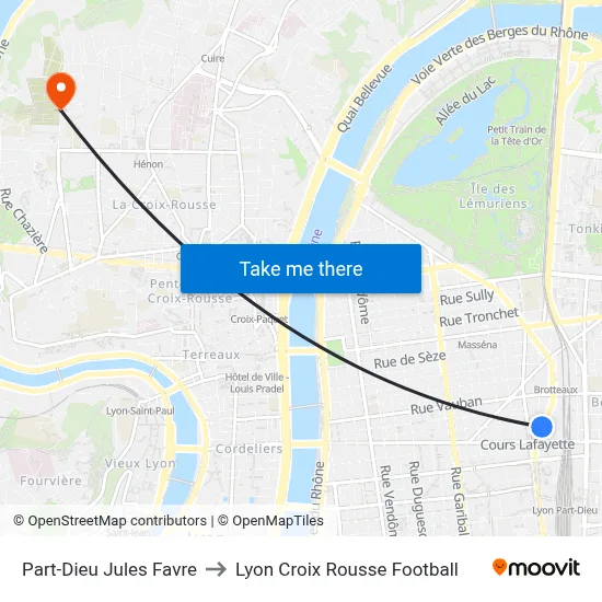 Part-Dieu Jules Favre to Lyon Croix Rousse Football map